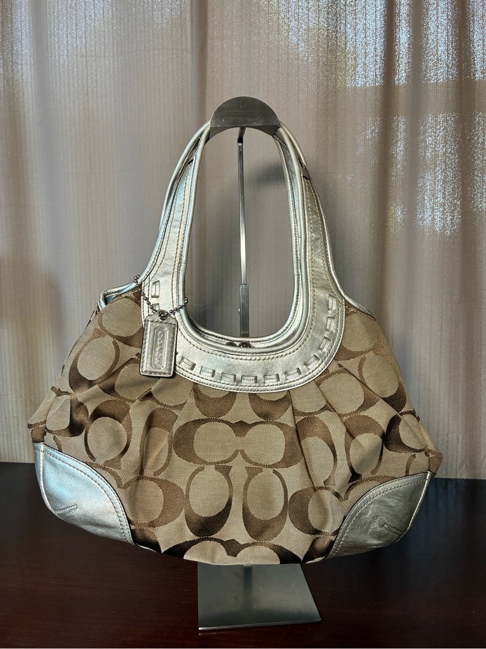 Coach Brown Signature Canvas Shoulder Bag with Silver Trim